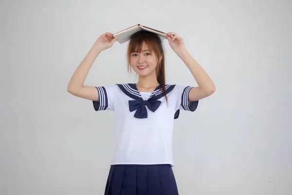 Asia Thai Teen Beautiful Girl Japanese Student Uniform Read Book — Stock Photo, Image