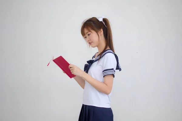 Asia Tailandesa Adolescente Hermosa Chica Japonés Estudiante Uniforme Leer Libro —  Fotos de Stock