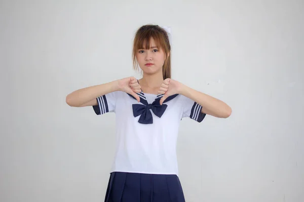 Retrato Tailandês Adolescente Linda Menina Japonês Estudante Uniforme Não Gosta — Fotografia de Stock