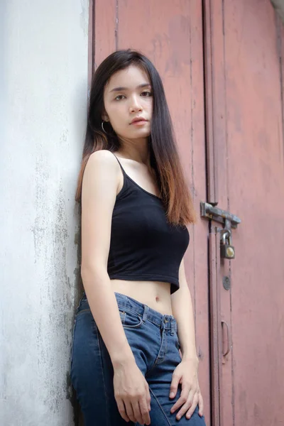 Portrait Thai China Adult Beautiful Girl Black Shirt Blue Jeans — Stock Photo, Image