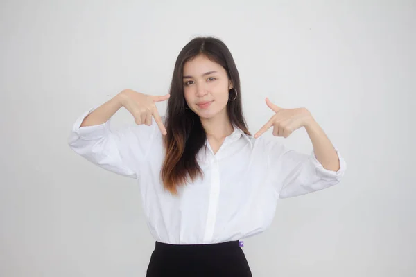 Retrato Tailandés Estudiante Adulto Universidad Uniforme Hermosa Chica Señalando — Foto de Stock