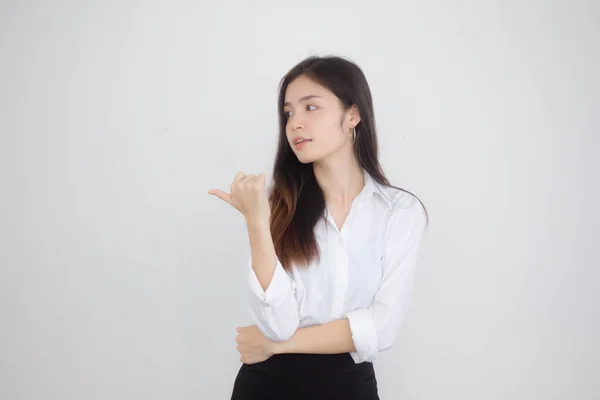 Portrait Thai Adult Student University Uniform Beautiful Girl Pointing — Stock Photo, Image