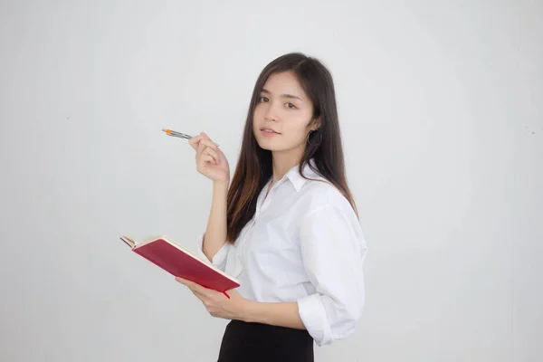 White Shirt Red Reading Book Read Knowledge Holding Adult College — Stock Photo, Image