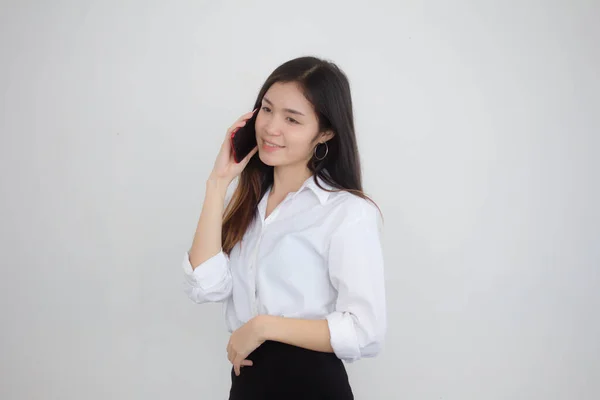 Portrét Thajského Porcelánu Dospělý Kancelář Dívka Bílá Košile Chůze Volání — Stock fotografie
