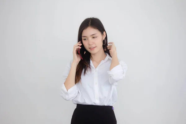 Retrato Tailandés China Adulto Oficina Chica Blanca Camisa Caminar Llamando —  Fotos de Stock