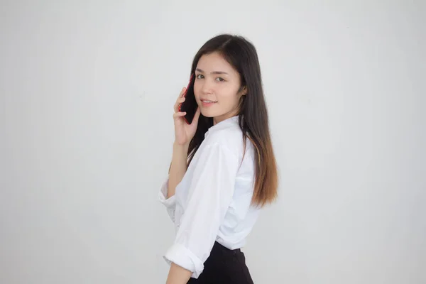Retrato Tailandês China Adulto Escritório Menina Branca Camisa Andar Chamando — Fotografia de Stock