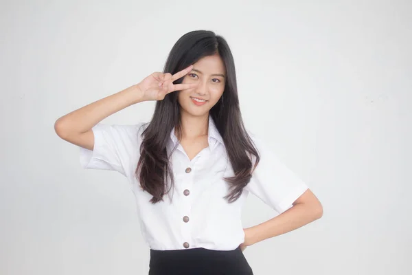 Retrato Tailandês Adulto Estudante Universidade Uniforme Bela Menina Vitória — Fotografia de Stock