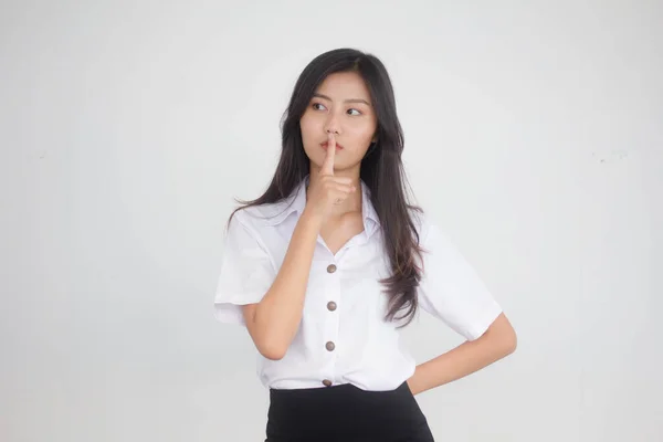 Retrato Tailandês Adulto Estudante Universidade Uniforme Bela Menina Silenciosamente — Fotografia de Stock