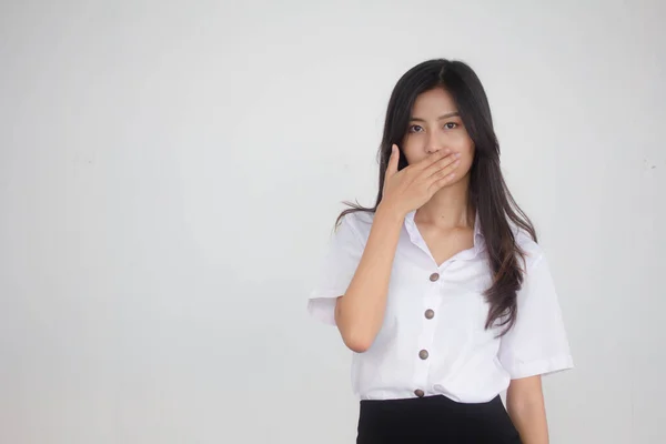 Retrato Tailandês Adulto Estudante Universidade Uniforme Bela Menina Silenciosamente — Fotografia de Stock