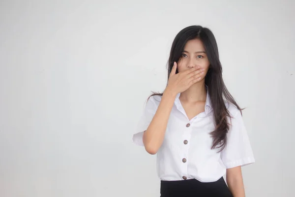 Portret Tajskiego Dorosłego Studenta Uniwersytet Mundur Piękna Dziewczyna Cicho — Zdjęcie stockowe