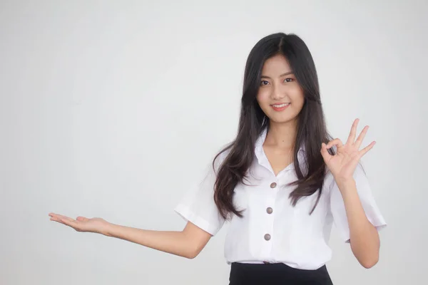 Retrato Tailandês Adulto Estudante Universidade Uniforme Bela Menina Mostrar Mão — Fotografia de Stock