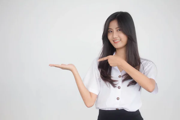 Retrato Tailandês Adulto Estudante Universidade Uniforme Bela Menina Mostrar Mão — Fotografia de Stock