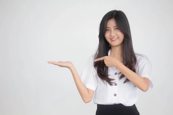 Taylandlı Yetişkin Öğrenci Üniformasının Portresi Güzel Kız Elini Göster — Stok fotoğraf