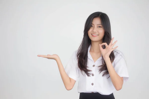 Retrato Tailandés Estudiante Adulto Universidad Uniforme Hermosa Chica Mostrar Mano — Foto de Stock