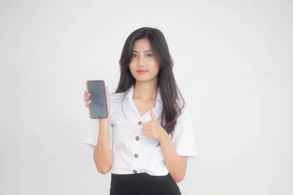 Portré Thai Felnőtt Diák Egyetemi Egyenruha Gyönyörű Lány Megmutatja Neki — Stock Fotó