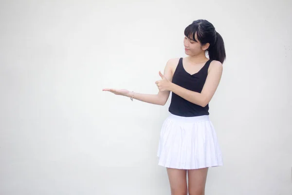 Retrato Tailandés Adulto Hermosa Niña Camisa Negra Falda Blanca Mostrar — Foto de Stock