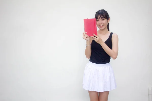 Retrato Tailandês Adulto Linda Menina Camisa Preta Saia Branca Livro — Fotografia de Stock