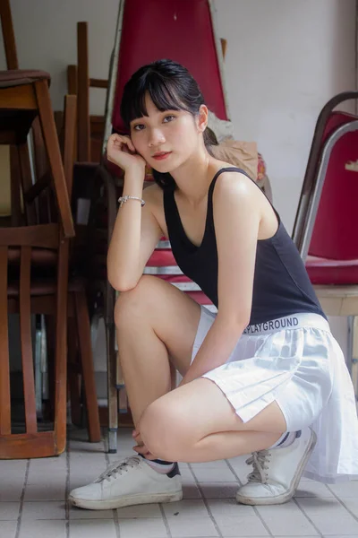 Portrait Thai Adult Beautiful Girl Black Shirt White Skirt Relax — Stock Photo, Image