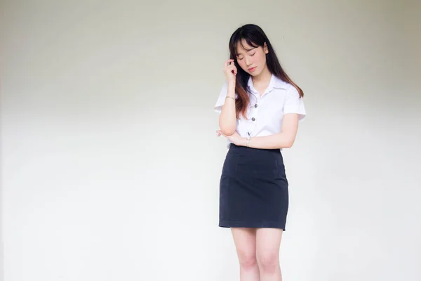 Porträtt Thai Vuxen Student Universitet Uniform Vacker Flicka Tänk — Stockfoto