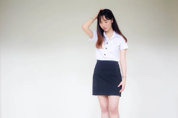 Porträtt Thai Vuxen Student Universitet Uniform Vacker Flicka Tänk — Stockfoto