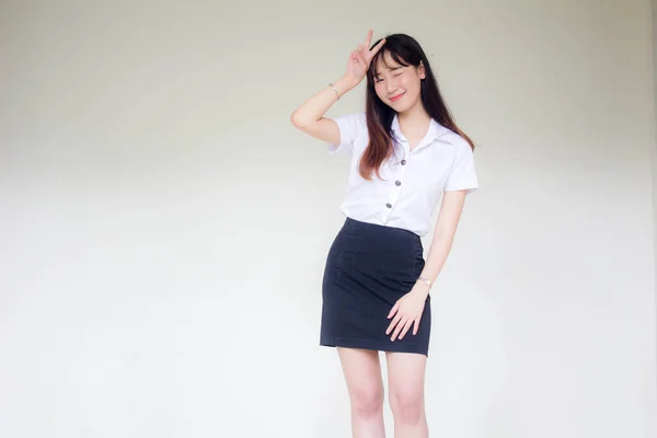 Retrato Tailandês Adulto Estudante Universidade Uniforme Bela Menina Excelente — Fotografia de Stock