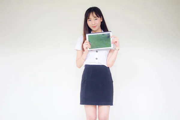 Retrato Tailandês Adulto Estudante Universidade Uniforme Bela Menina Mostrar Seu — Fotografia de Stock