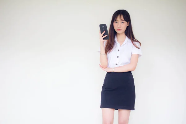 Portrait Thai Adult Student University Uniform Beautiful Girl Using Her — Stock Photo, Image