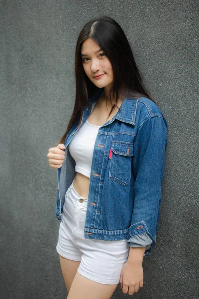 Portrait Thai Adult Beautiful Girl Blue Jeans Fitness Relax Smile — Stock Photo, Image