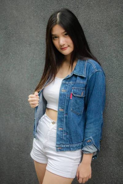 Portrait Thai Adult Beautiful Girl Blue Jeans Fitness Relax Smile — Stock Photo, Image