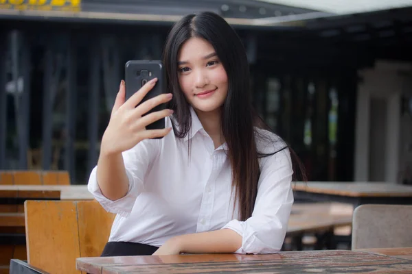 Portrait Thai Adult Office Girl Using Her Smart Phone Selfie — Stock Photo, Image