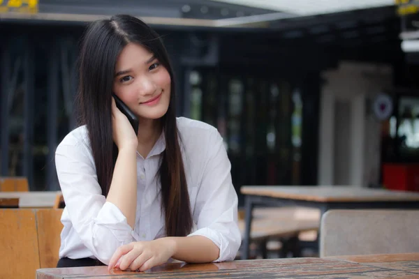 Portrait Thai Adult Office Girl Calling Smart Phone — Stock Photo, Image