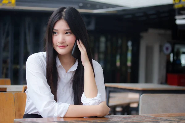 Portrait Thai Adult Office Girl Calling Smart Phone — Stock Photo, Image