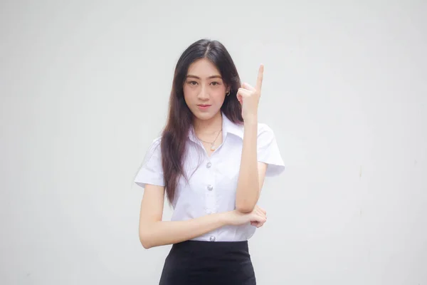 Portrait Thai Adult Student University Uniform Beautiful Girl Pointing — Stock Photo, Image