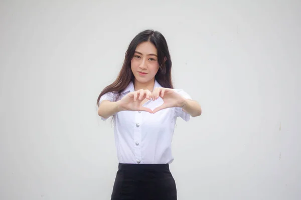 Taylandlı Yetişkin Öğrenci Üniforması Portresi Güzel Bir Kız Kalbini Verir — Stok fotoğraf