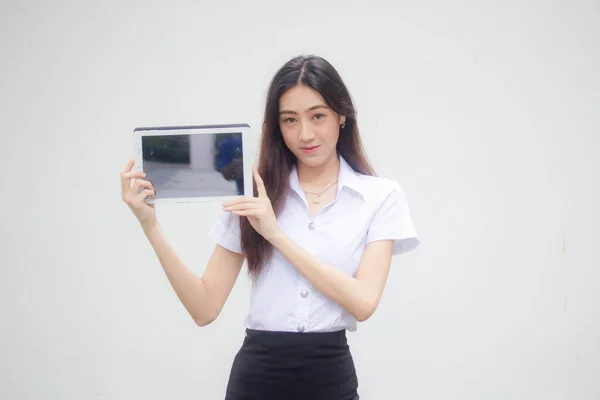 Portrait Thai Adult Student University Uniform Beautiful Girl Show Her — Stok fotoğraf