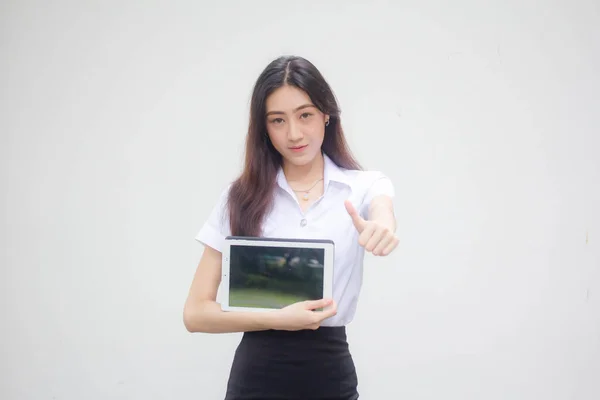 Ritratto Thai Adulto Studente Università Uniforme Bella Ragazza Mostrare Suo — Foto Stock