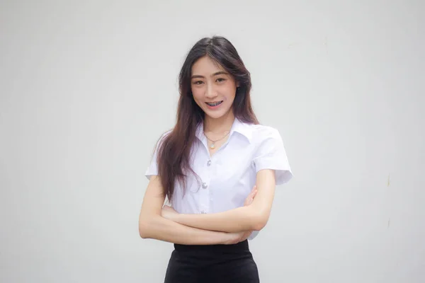 Porträt Von Thailändischen Erwachsenen Studenten Uniform Schöne Mädchen Entspannen Und — Stockfoto