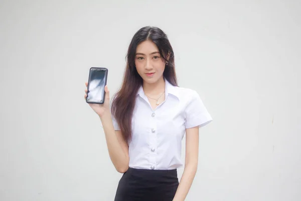 Portret Tajskiego Dorosłego Studenta Uniwersytet Mundur Piękna Dziewczyna Pokazać Jej — Zdjęcie stockowe