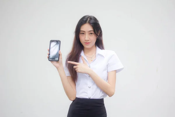 Portrét Thajské Dospělé Studentské Univerzity Uniforma Krásná Dívka Ukázat Její — Stock fotografie