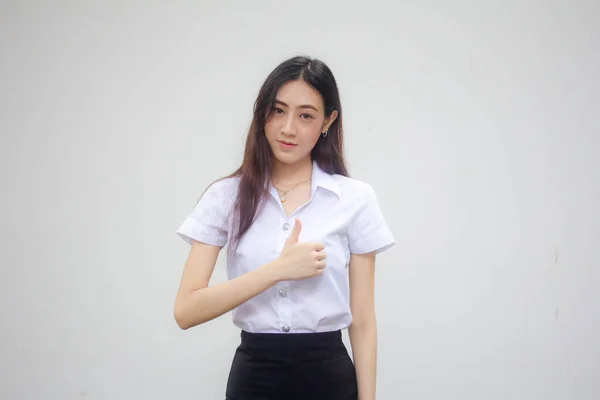 Retrato Tailandês Adulto Estudante Universidade Uniforme Bela Menina Excelente — Fotografia de Stock
