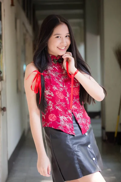 Portrait Thai Teen Beautiful Girl Chinese Dress Relax Smile — Stok Foto