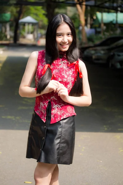 Portrait Thai Teen Beautiful Girl Chinese Dress Relax Smile — Stok Foto