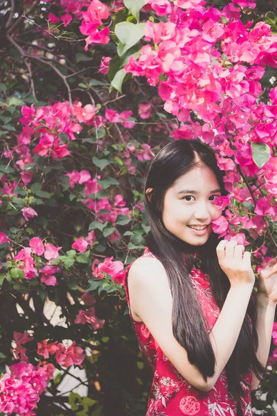Portrait Thai Teen Beautiful Girl Chinese Dress Relax Smile — Stock Photo, Image