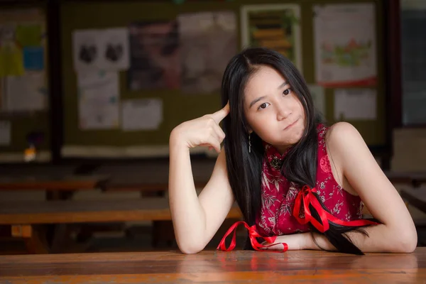 Portrait Thai Teen Beautiful Girl Chinese Dress Relax Smile — Stock Photo, Image