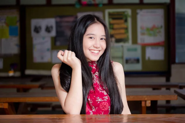 Portrait Thai Teen Beautiful Girl Chinese Dress Relax Smile — Stock Photo, Image