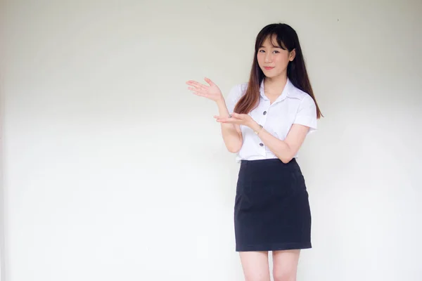 Portrait Thai Adult Student University Uniform Beautiful Girl Pointing — Stock Photo, Image