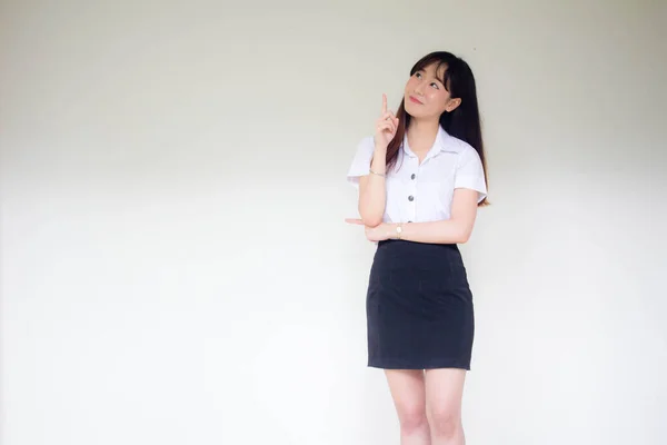 Portrait Thai Adulte Étudiant Université Uniforme Belle Fille Pointant — Photo