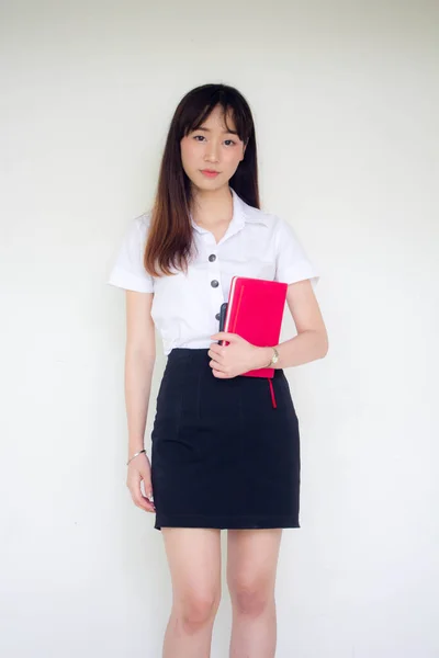 Portrait Thai Adult Student University Uniform Beautiful Girl Read Red — Stock Photo, Image