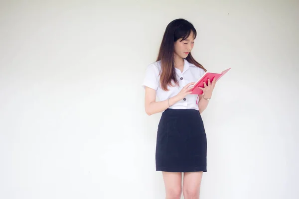 Retrato Tailandês Adulto Estudante Universidade Uniforme Bela Menina Ler Livro — Fotografia de Stock