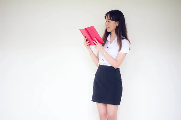 Retrato Tailandés Estudiante Adulto Universidad Uniforme Hermosa Chica Leer Libro —  Fotos de Stock